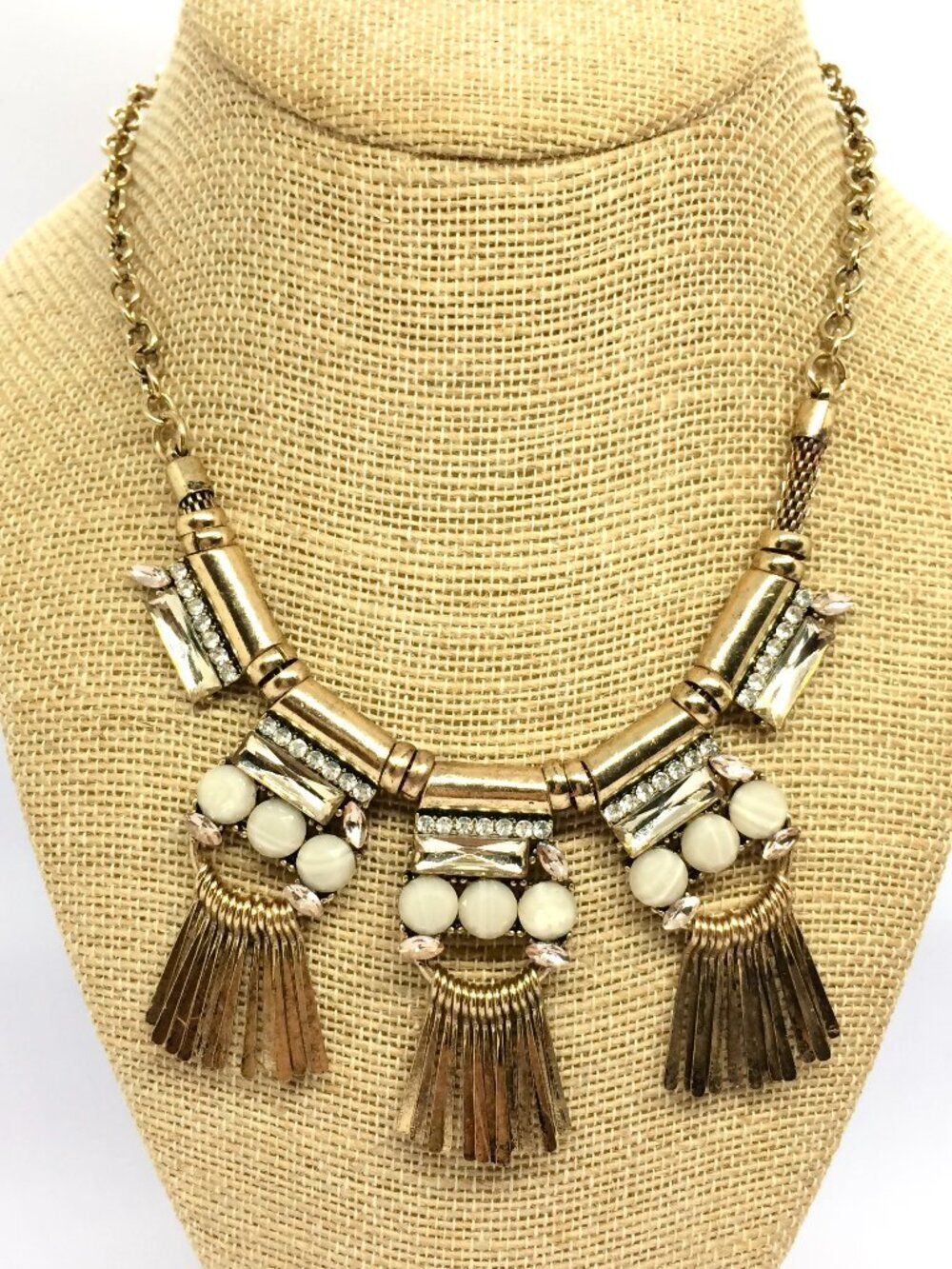 Vintage Boho Necklace Statement Rhinestone Fringe Bib Art Deco Gold Tone